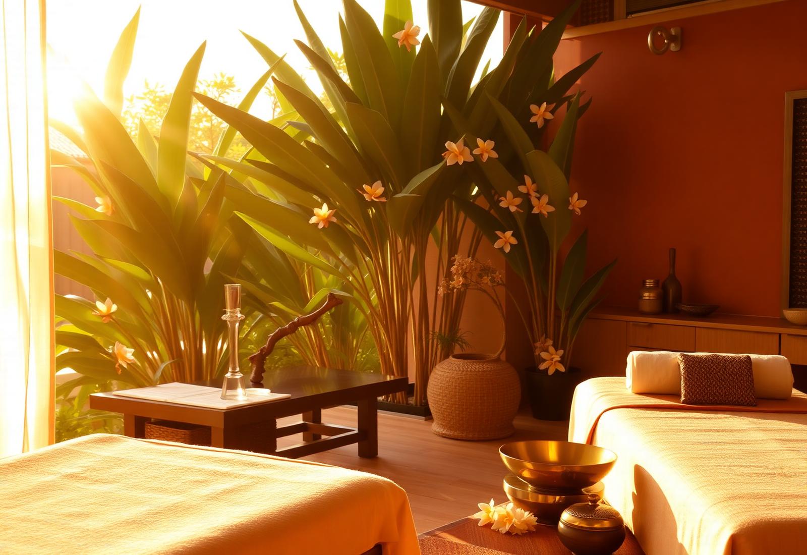 A tranquil Balinese spa room bathed in golden sunset light with tropical foliage and frangipani flowers