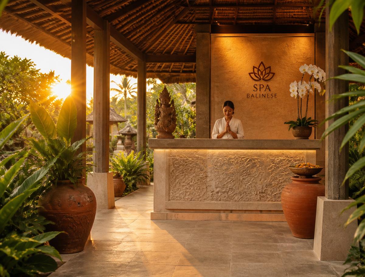A warmly lit open-air Balinese spa pavilion at sunset